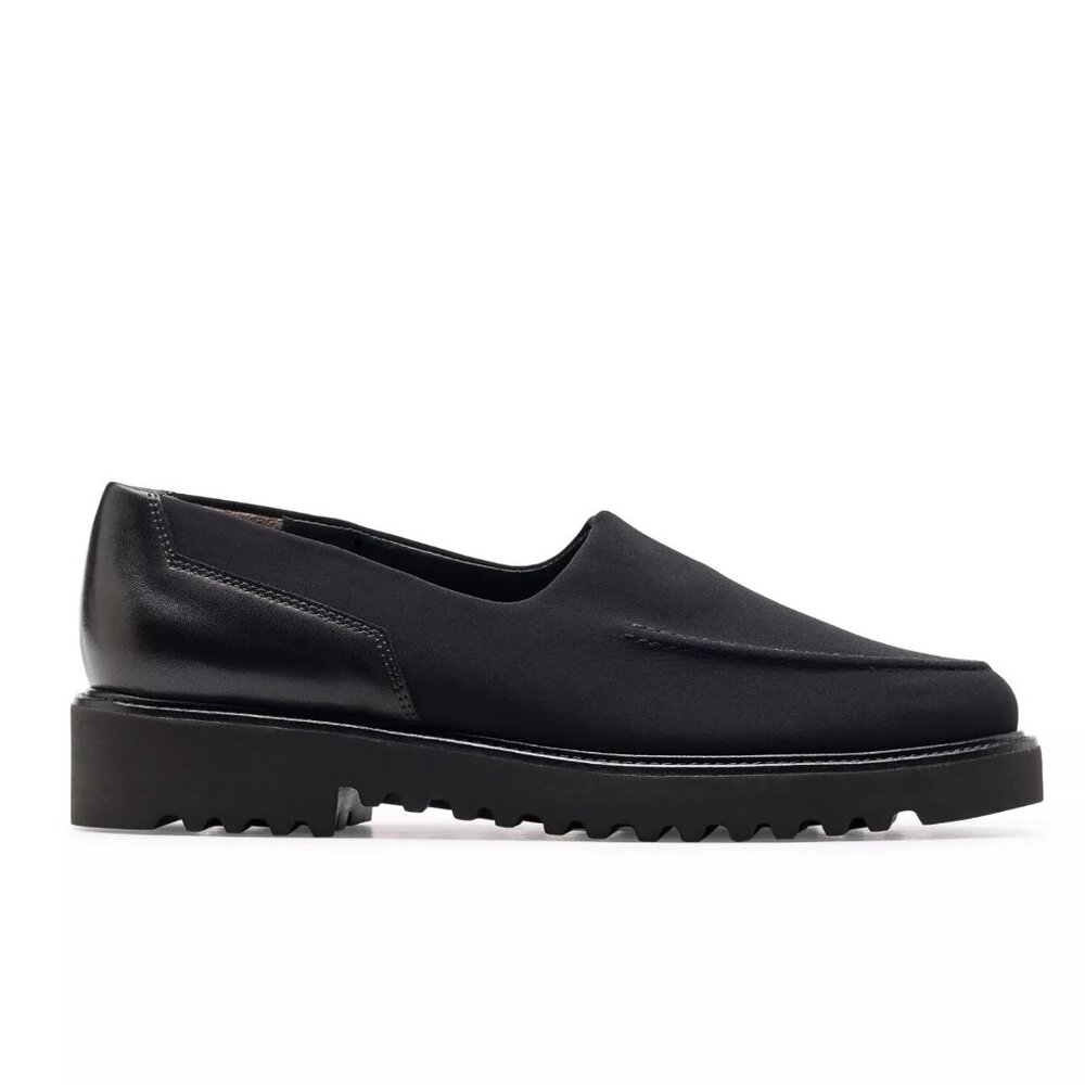 $480 PAUL GREEN Rosa Loafer BLACK LEATHER nylon ALMOND PLATFORM 9 (1) (TE8.5)